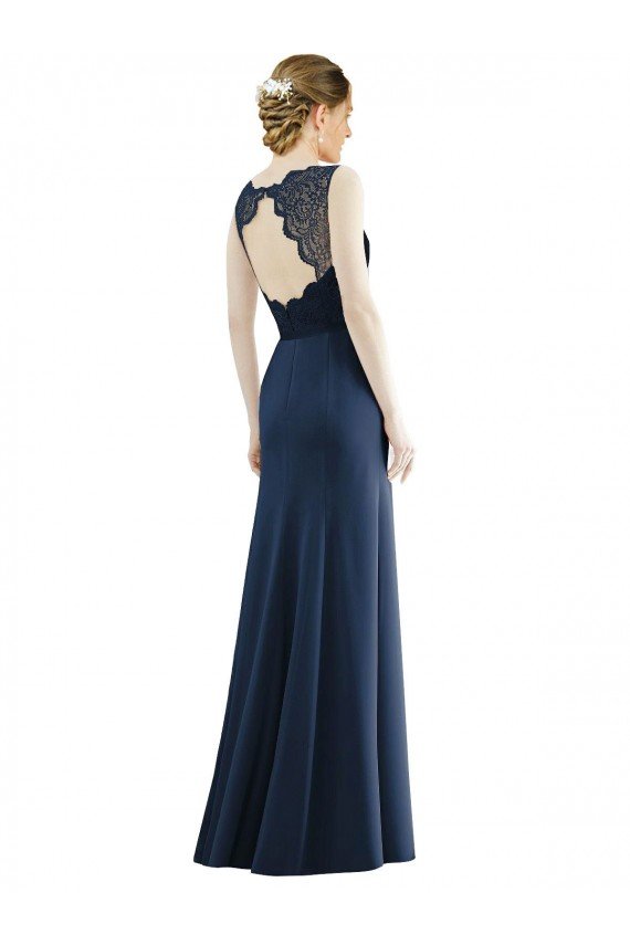 Affordable Lace Bodice Open Back Trumpet Chiffon Bridesmaid Dress with Bow Belt