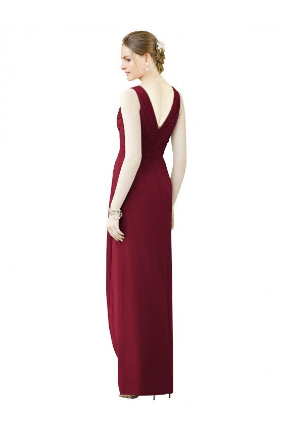 Affordable Draped Sleeveless Long Chiffon V-Neck Bridesmaid Dress