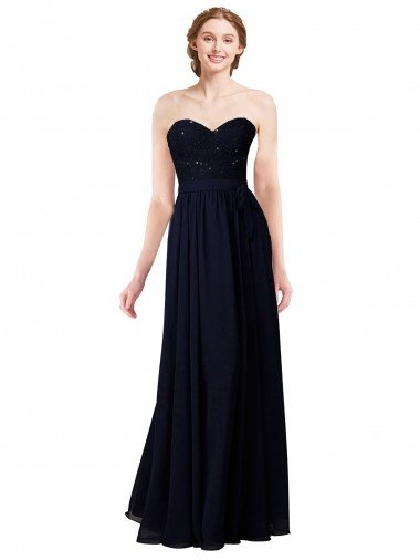 Affordable Strapless Chiffon Bridesmaids Dress with a Beaded Lace Sweetheart Bodice