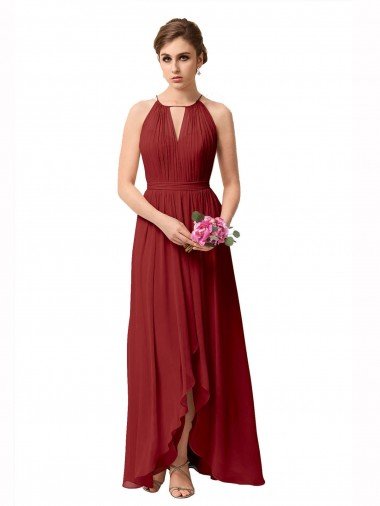 Affordable High Low Long Halter Keyhole Chiffon Bridesmaid Dress