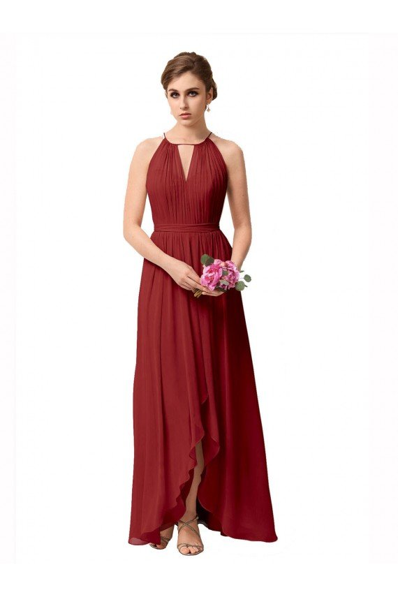 Affordable High Low Long Halter Keyhole Chiffon Bridesmaid Dress