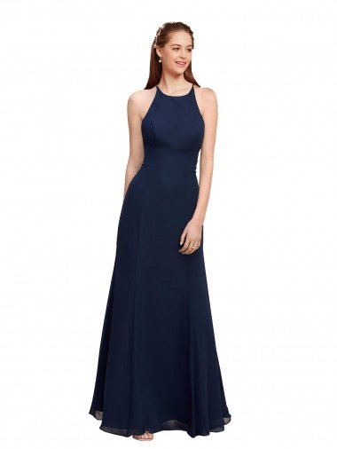 Affordable High Halter Fit and Flare Long Chiffon Bridesmaid Dress / Prom Dress with Criss Cross Low Back