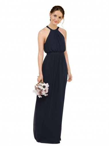 Affordable High Halter Neckline Chiffon Bridesmaid Dress with Slim Keyhole Back