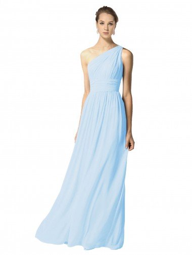 Affordable One Shoulder Long Chiffon Bridesmaid Dress with Shirred Bodice and Front Keyhole