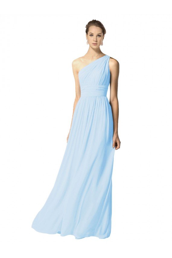 Affordable One Shoulder Long Chiffon Bridesmaid Dress with Shirred Bodice and Front Keyhole