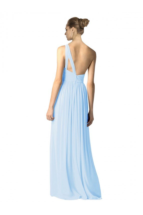 Affordable One Shoulder Long Chiffon Bridesmaid Dress with Shirred Bodice and Front Keyhole