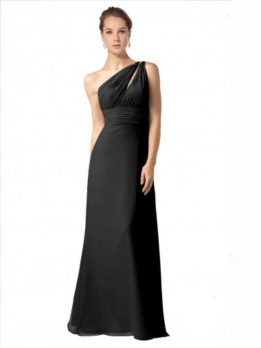 Affordable One Shoulder Full Length Chiffon Bridesmaid Dress with Shirred Bodice