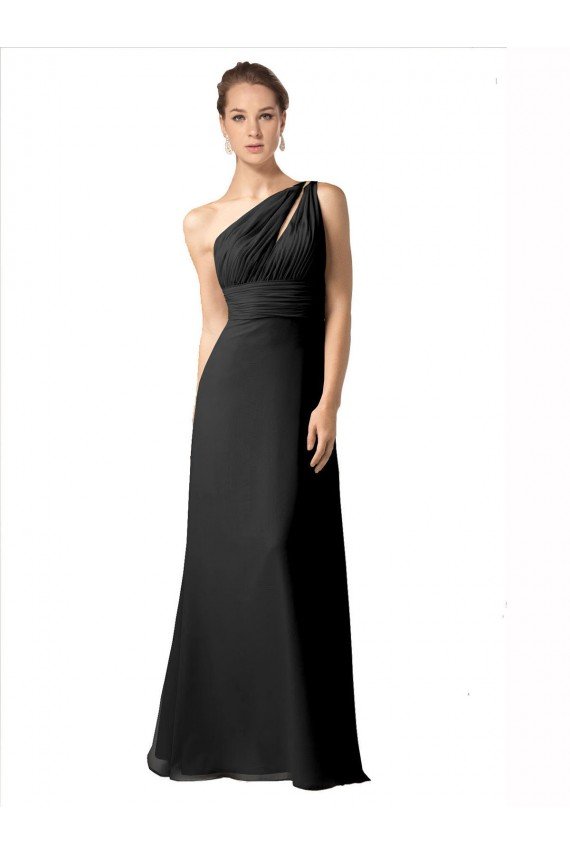Affordable One Shoulder Full Length Chiffon Bridesmaid Dress with Shirred Bodice