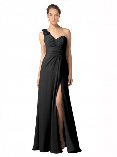 Affordable Sheer One Shoulder Chiffon A-Line Bridesmaid Dress with Slit