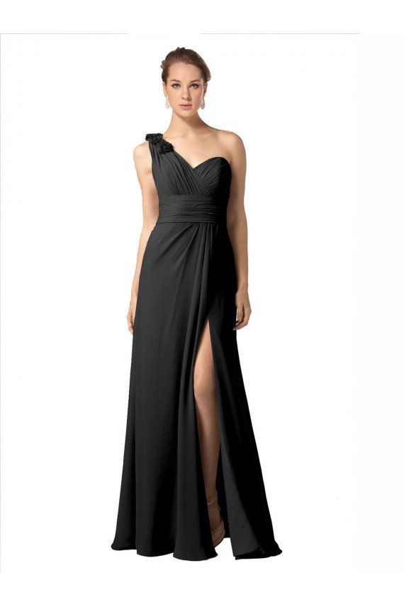 Affordable Sheer One Shoulder Chiffon A-Line Bridesmaid Dress with Slit