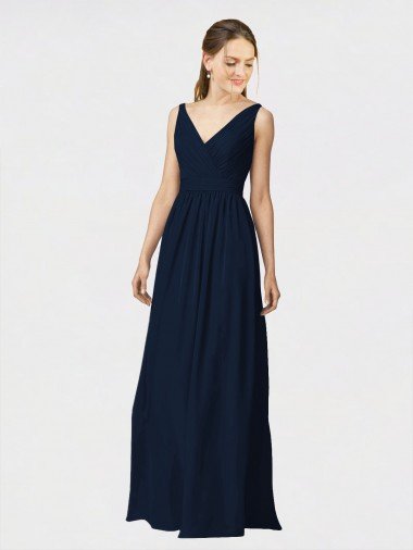 Affordable Long Chiffon Bridesmaid Dress with Shirred Bodice and V-Neckline