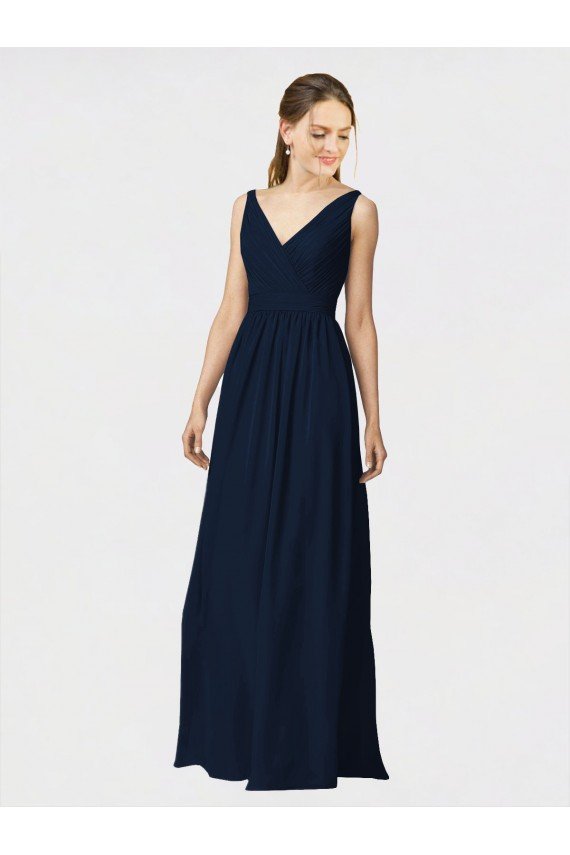 Affordable Long Chiffon Bridesmaid Dress with Shirred Bodice and V-Neckline