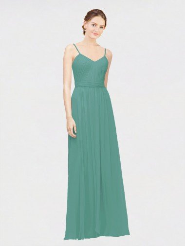 Affordable Rouched V-Neckline and Spaghetti Straps Long Chiffon Bridesmaid Dress