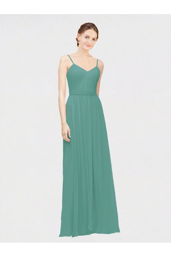 Affordable Rouched V-Neckline and Spaghetti Straps Long Chiffon Bridesmaid Dress