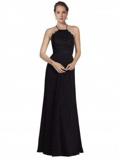 Affordable Lace Halter Neckline Chiffon A-Line Bridesmaid Dress with Sheer Back