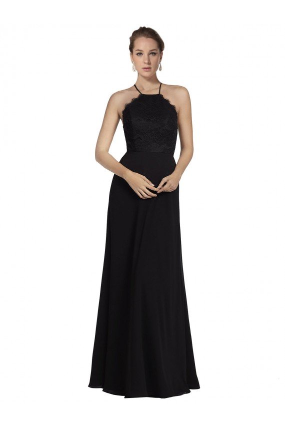 Affordable Lace Halter Neckline Chiffon A-Line Bridesmaid Dress with Sheer Back