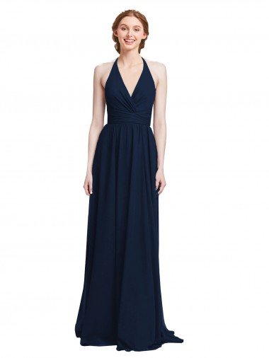 Affordable Halter Chiffon Bridesmaid Dress with V-Neckline and Criss Cross Waist