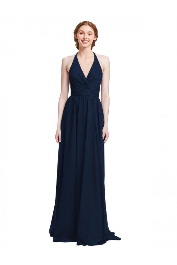 Affordable Halter Chiffon Bridesmaid Dress with V-Neckline and Criss Cross Waist