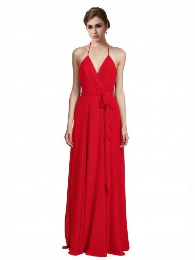 Affordable V-Neck Spaghetti Halter Strap Chiffon Bridesmaid Dress