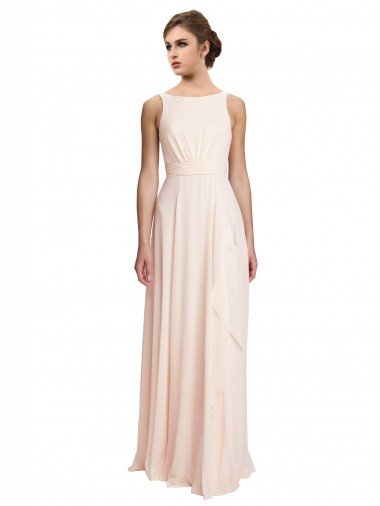 Affordable High Neck Chiffon Bridesmaid Dress with Deep V-Back and Cascading Skirt