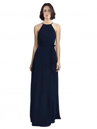 Affordable High Neckline Floor Length Chiffon Bridesmaid Dress with Belt