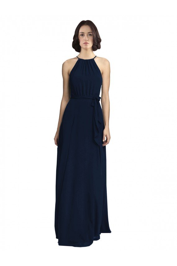 Affordable High Neckline Floor Length Chiffon Bridesmaid Dress with Belt