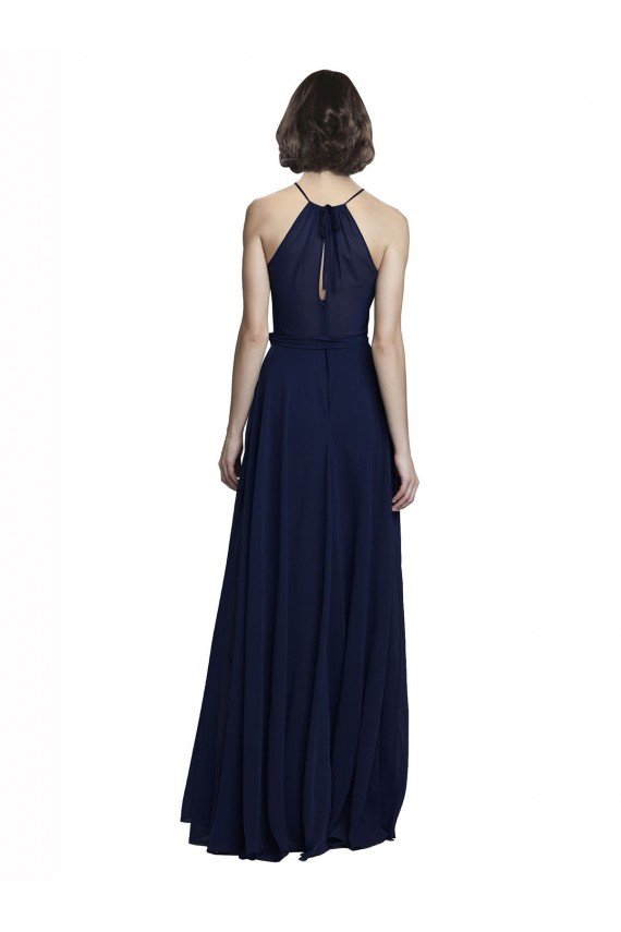 Affordable High Neckline Floor Length Chiffon Bridesmaid Dress with Belt