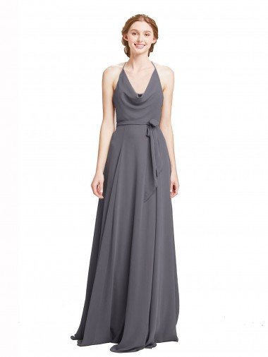 Affordable Spaghetti Strap Long Chiffon Bridesmaids Dress with Halter Cowl Neck