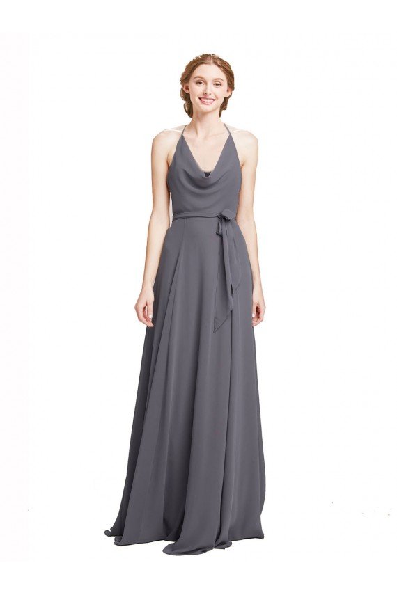 Affordable Spaghetti Strap Long Chiffon Bridesmaids Dress with Halter Cowl Neck