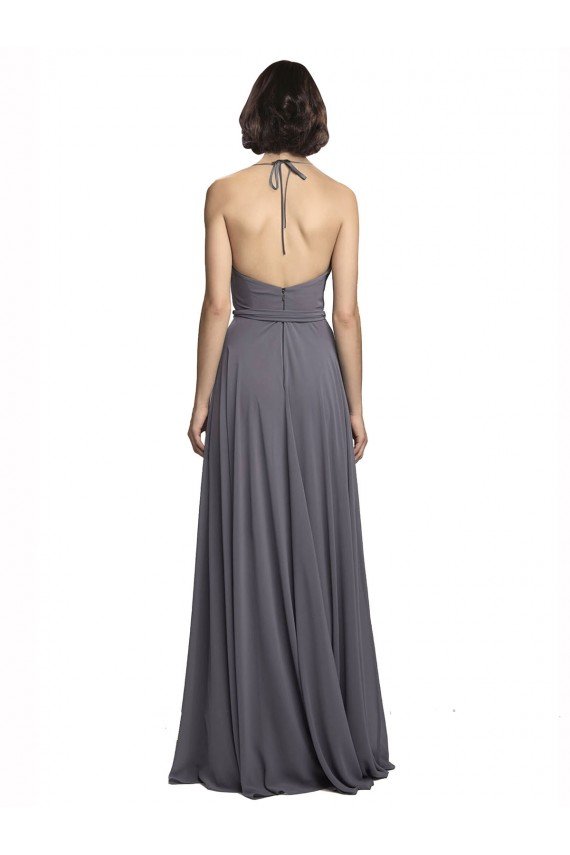 Affordable Spaghetti Strap Long Chiffon Bridesmaids Dress with Halter Cowl Neck