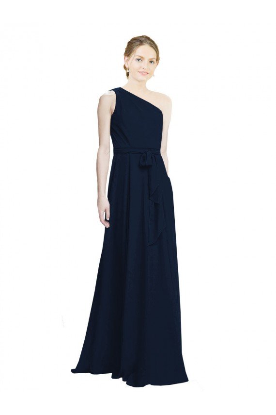 Affordable Long Chiffon Bridesmaid Dress with One Shoulder Neckline And Belt