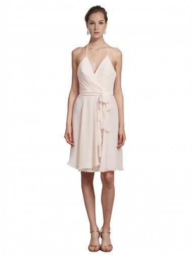 Affordable Short Knee Length Wrap Chiffon Halter Bridesmaids Dress