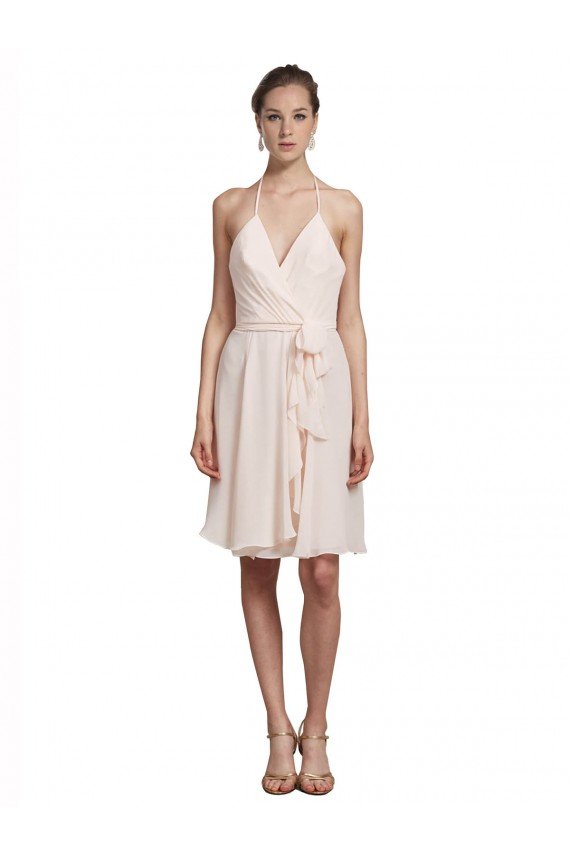 Affordable Short Knee Length Wrap Chiffon Halter Bridesmaids Dress