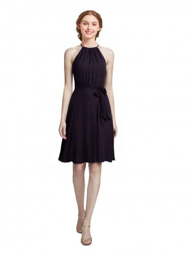 Affordable Short Knee Length High Neck Chiffon Bridesmaids Dress
