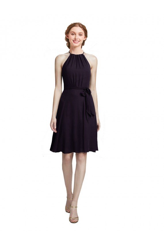 Affordable Short Knee Length High Neck Chiffon Bridesmaids Dress