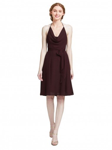 Affordable Short Knee Length Chiffon Bridesmaids Dress with Halter Cowl Neck