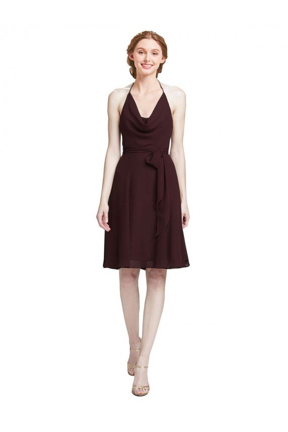 Affordable Short Knee Length Chiffon Bridesmaids Dress with Halter Cowl Neck