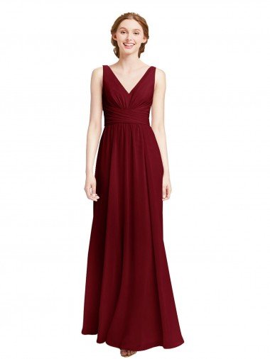 Affordable Long Chiffon V-Neck Bridesmaids Dress with Double Strap