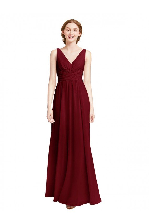 Affordable Long Chiffon V-Neck Bridesmaids Dress with Double Strap
