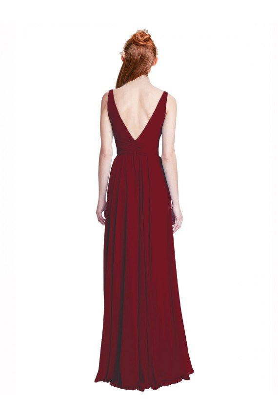Affordable Long Chiffon V-Neck Bridesmaids Dress with Double Strap