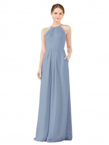 Affordable Fitted Long High Halter Neck Chiffon Bridesmaid Dress with Keyhole Back