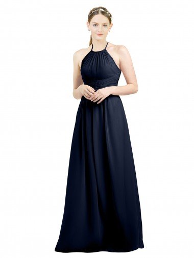 Affordable Halter High Neck Long Chiffon Bridesmaid Dress with Open Back