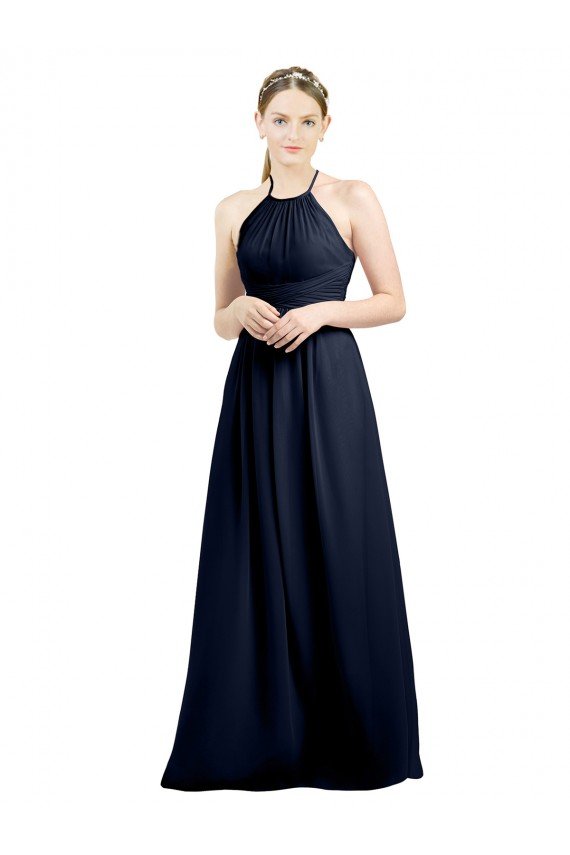 Affordable Halter High Neck Long Chiffon Bridesmaid Dress with Open Back