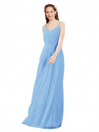 Affordable Pleated Low Back Long V-Neck Chiffon Bridesmaid Dress with Thin Straps