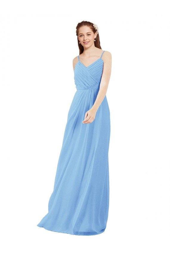 Affordable Pleated Low Back Long V-Neck Chiffon Bridesmaid Dress with Thin Straps