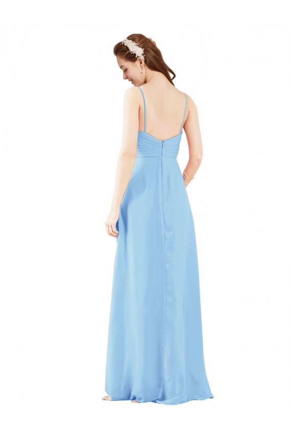 Affordable Pleated Low Back Long V-Neck Chiffon Bridesmaid Dress with Thin Straps