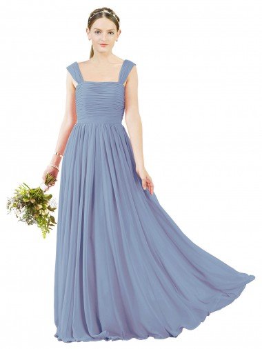 Affordable Square Neckline Sexy Open Back Long Chiffon Bridesmaid Dress