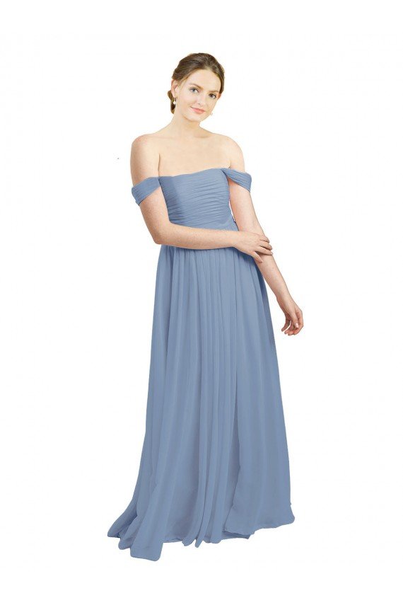 Affordable Long Floor Length Chiffon Bridesmaid Dress with Fluttering Off the Shoulder Straps