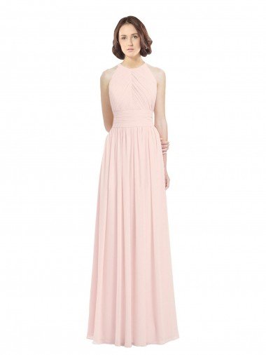 Affordable Sleeveless Chiffon High Neck Bridesmaid Dress with Diagonal Pleats