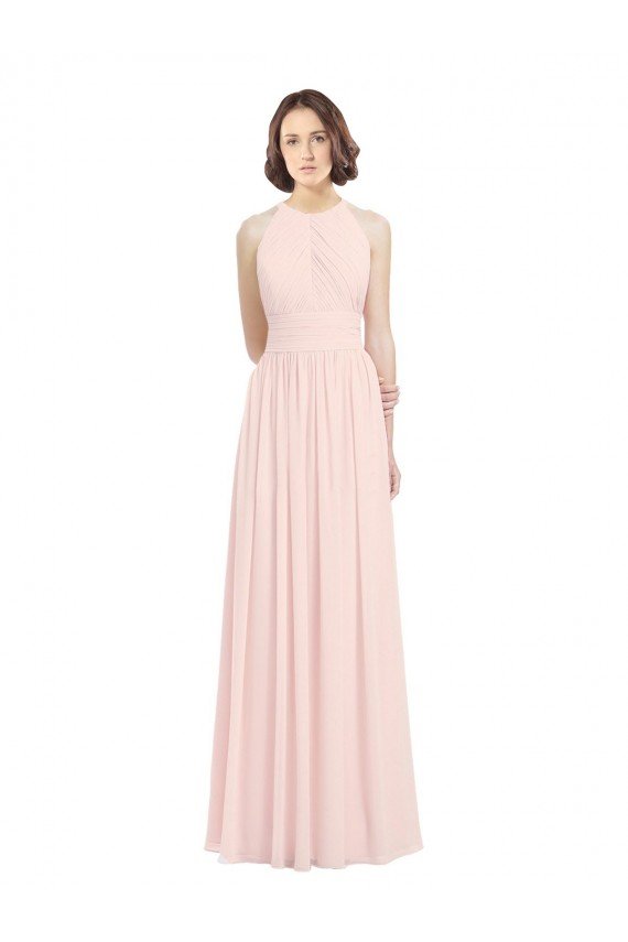 Affordable Sleeveless Chiffon High Neck Bridesmaid Dress with Diagonal Pleats